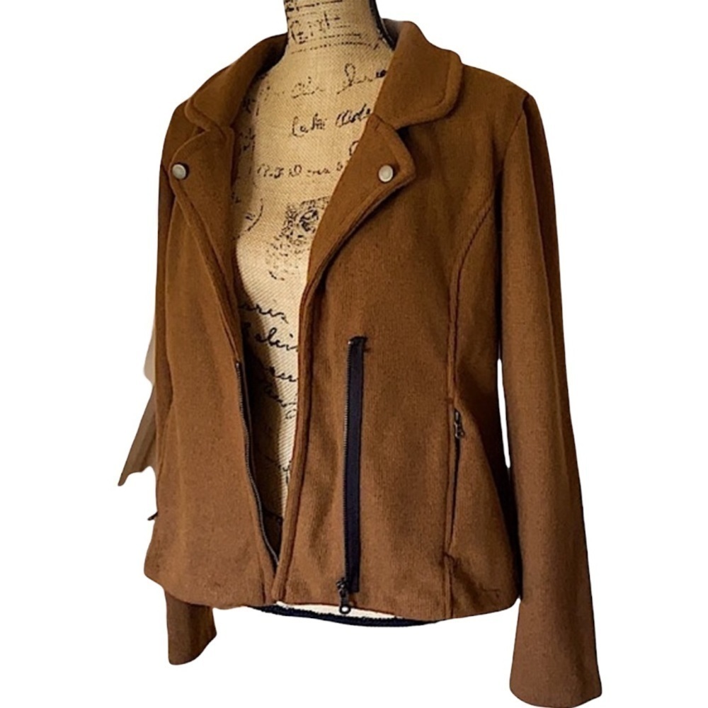 New Moto Jacket Knit Luggage Brown, Black Zipper Women’s Size Large …